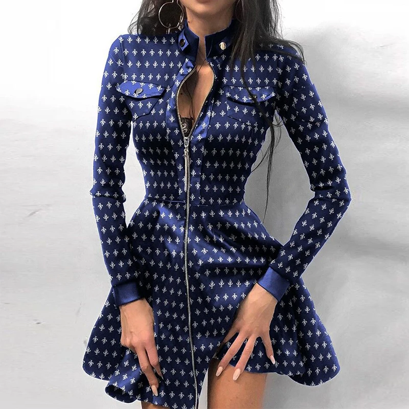 

Spring/Autumn Zipper Dress Fashion Stitching Plaid High Waist Mini Skirt Stand-up Collar PU Leather Dresses Female Pocket Skirts
