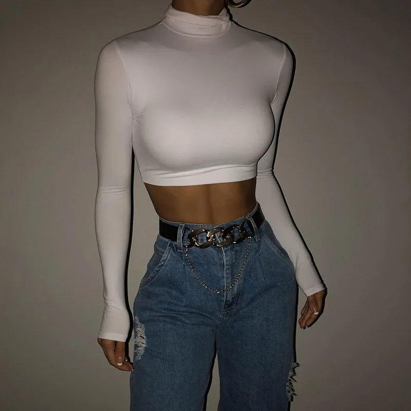 

Basic Sheath Women Solid Turtleneck Tshirt Autumn Stretch Casual Undershirt Female All-match Street Activity Crop Tops