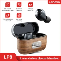 lenovo lp8 tws bluetooth earphone led display switchable dual mode gaming music wooden shell wireless earbuds headphone with mic