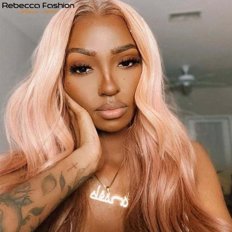 

Парик Rebecca розового цвета на сетке спереди, волнистые волосы, парик из человеческих волос имбирного, розового, прозрачного цвета, парики на с...