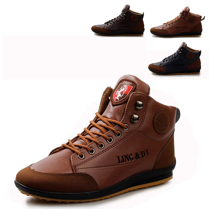 

Autumn and winter new men's boots casual tie Pu short boots high top flat bottom Boots Men's leather boots winter boots men