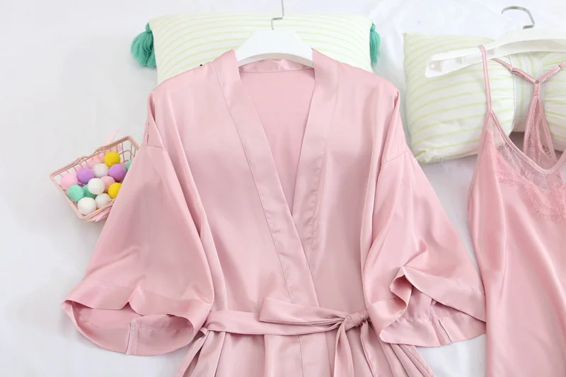 

Lady 2PCS Robe Set Satin Kimono Gown V-Neck Nightwear Women Sleepwear Lace Trim Nightgown Loose Summer New Intimate Lingerie
