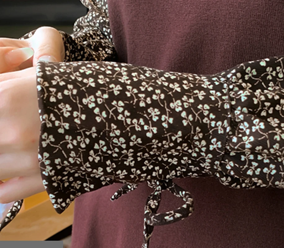 

New Knitting Women Long Sleeve Korea Style Design Straigth Peter Pan Collar Elegant Loose Patchwork Floral Sashes Dress Vestidos