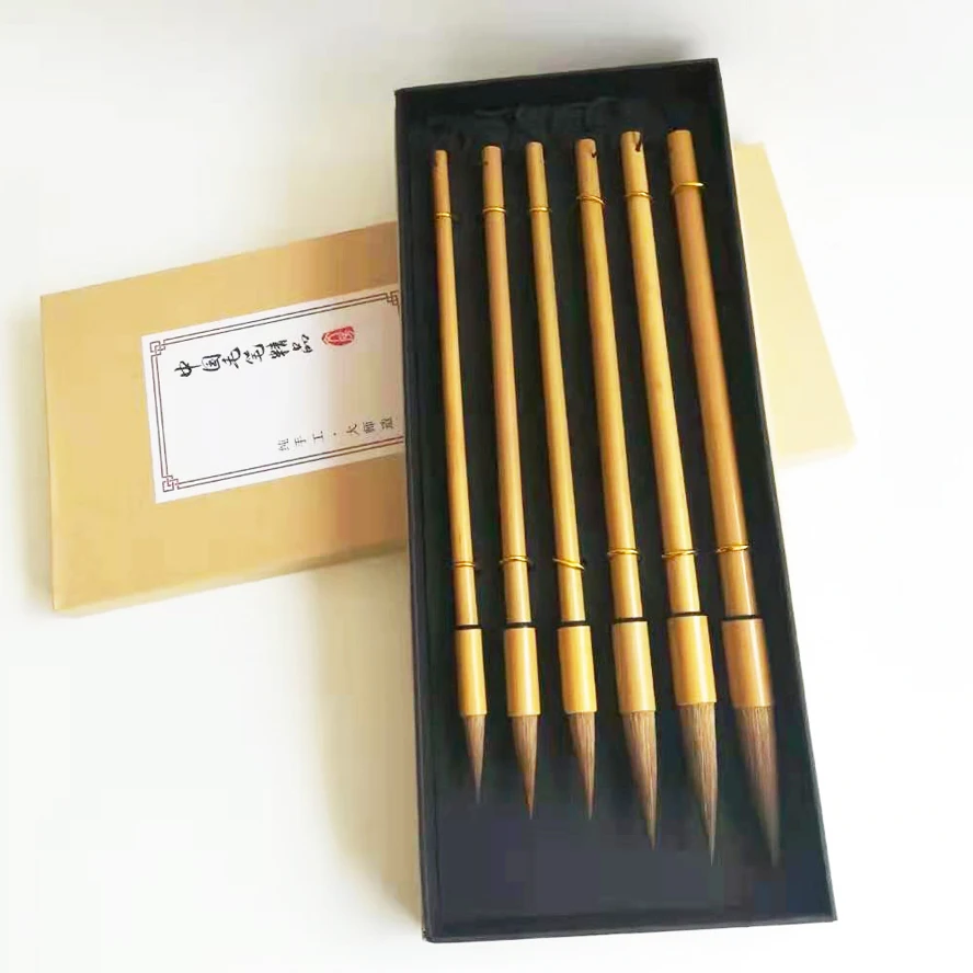6 pcs/set Chinese Brush Painting Calligraphy Writing Brush Bamboo Penholder Weasel Hair Pen Painting Supplies Gift Box