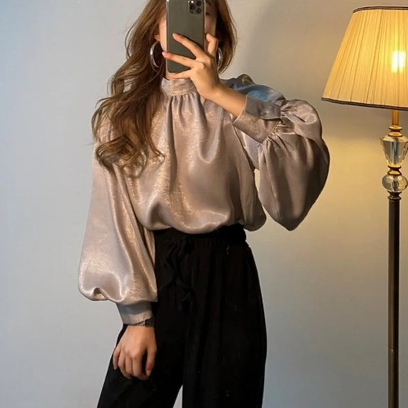 

Women Blouse 2020 Autumn Solid Color Turtleneck Tops Blouses Casual Lantern Long Sleeve Fashion Office Ladies Shirt Plus Size