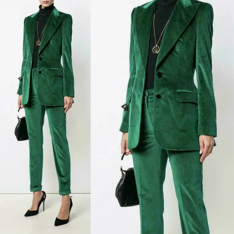 

Green Women Suits Office Ladies Velvet Pants Suit 2 Piece Formal Business Blazer