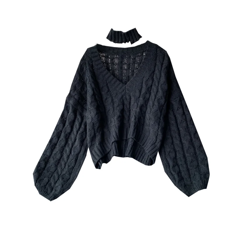 

Winter New Red Knitted Women Sweater And Pullovers Lantern Sleeved V-Neck Loose Twisted Casual All Match Female Pulls Outwears