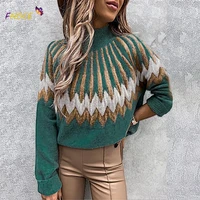 fnoce knitting pullover 2021 autumn winter women clothing urban keep warm printed turtleneck long sleeve loose casual sweater