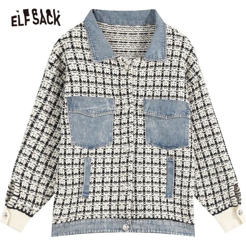 

ELFSACK Plaid Tweed Casual Oversize Jackect Women,2020 Autumn Vintage Single Brested Denim Patchwork Korean Ladeis,Daily Coat