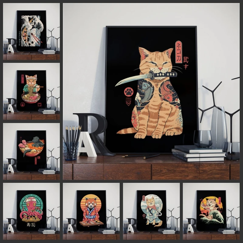 

Japanese Samurai Cat Ramen Canvas Painting Art Nordic Posters and Prints Wall Pictures for Living Room Decoration Frameless