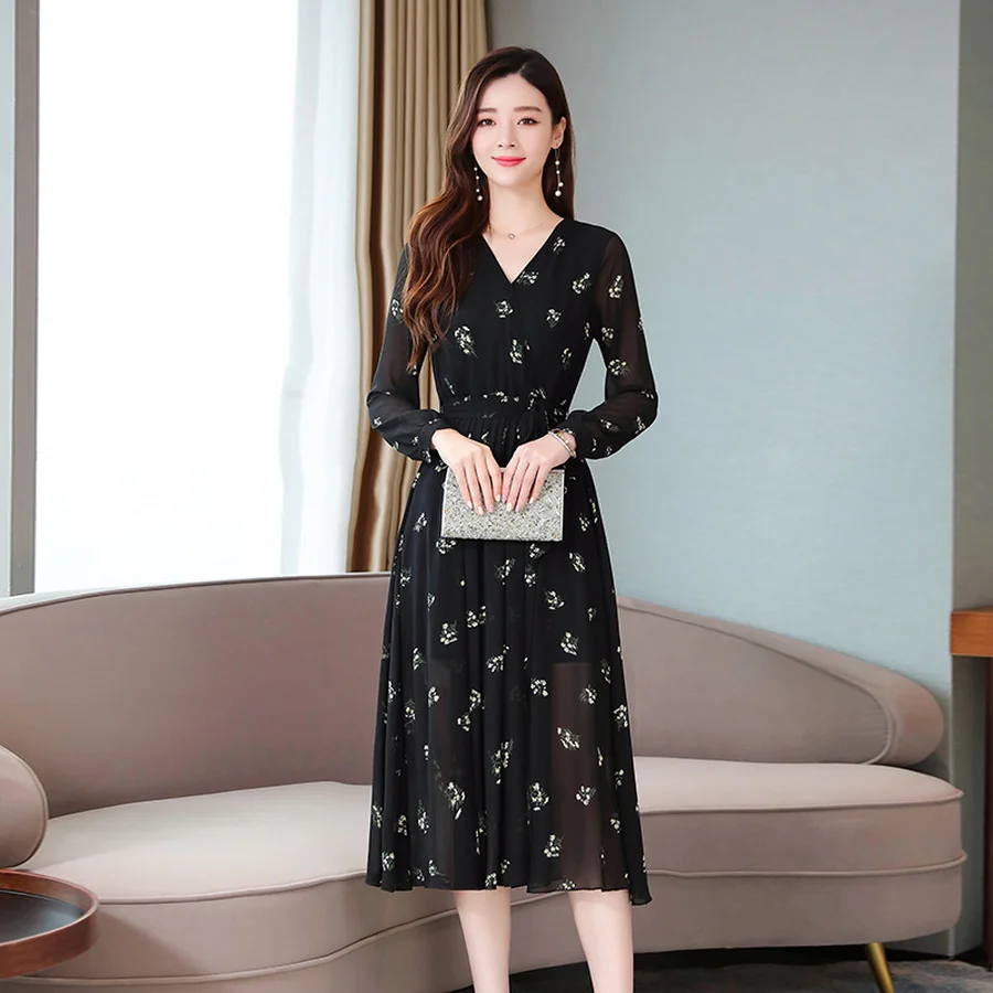 Женское шифоновое платье-миди с длинным рукавом черное винтажное платье