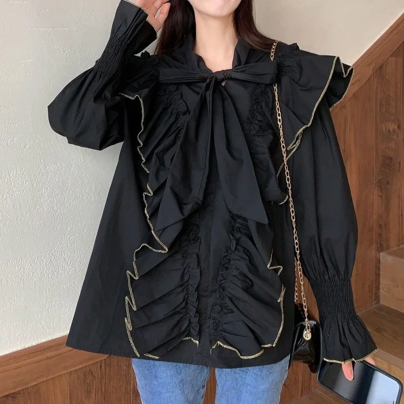 

2021 Spring Autumn New Women Korean Style Vintage Casual Elegant T Shirt Solid Loose Long Sleeve Bow Lace-up T-shirts Y397