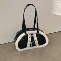 patent leather cool girls purse and handbags fashion design women underarm bag faux fur edge female small tote shoulder bags