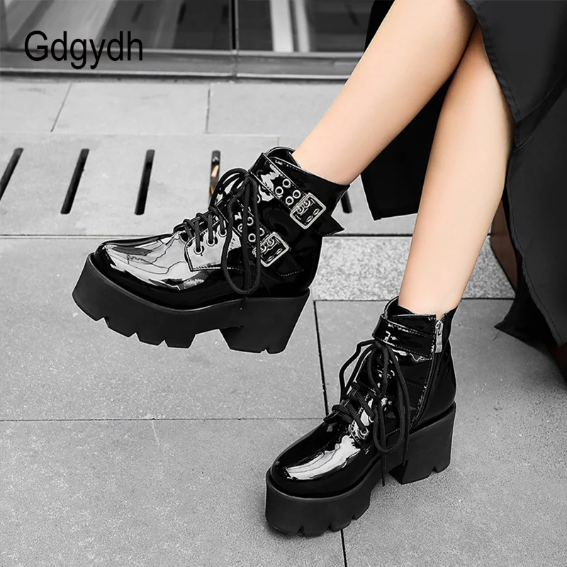 Gdgydh Sexy Buckle Punk Style Platform Women Ankle Boots High Heel Patent Leather Autumn Winter Shoes For Party Comfortable Shoe | Обувь