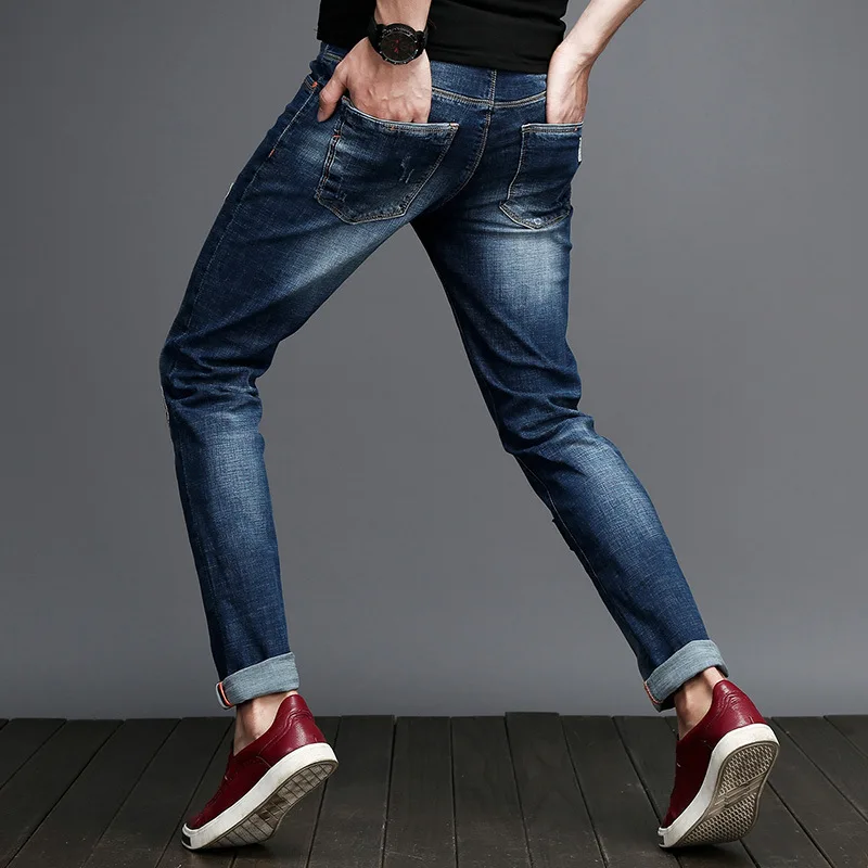 Обтягивающие джинсы для мужчин модные Лоскутные мужские рваные прямые с