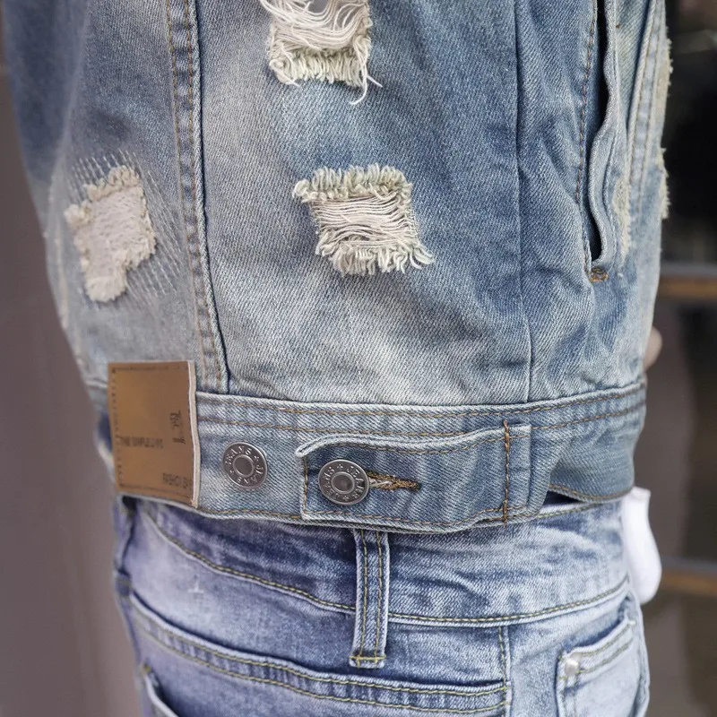 

Fashion Autumn Denim Tops Men Vintage Single Breasted Lapel Frayed Hole Ripped Jean Jackets Mens Casual Slim Short Jacket Coat