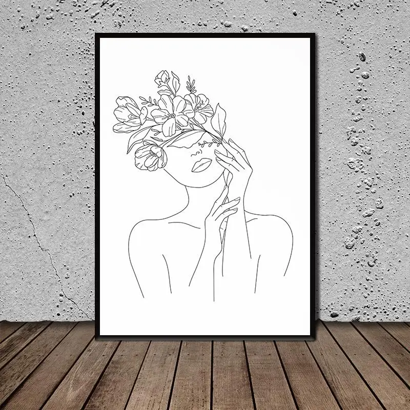 

Nordic Modern Line Art Face with Flowers Canvas Painting Poster Print Decor Wall Art Pictures for Living Room Bedroom