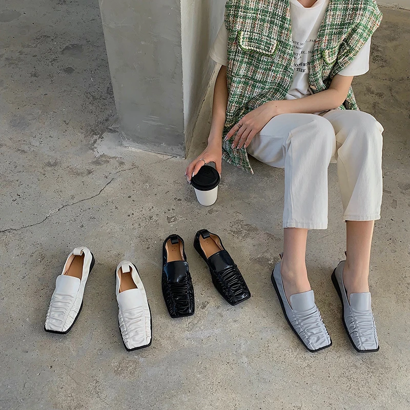 

Square Toe Women Flats 2022 New Arrivals Slip On Soft Sole Black White Blue Casual Flats Heeled Loafers Party Pumps Dress Shoes
