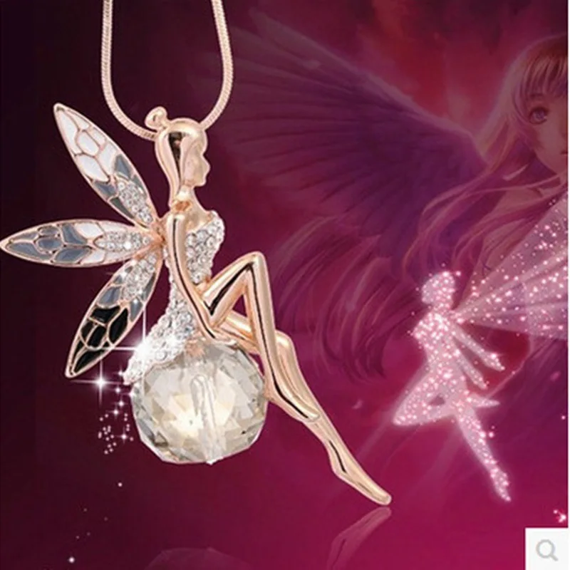 

Vintage Butterfly Fairy Pendant Necklace Fashion Charm Crystal Angel Wing Necklace Women Sweater Chain Necklaces Party Jewelry