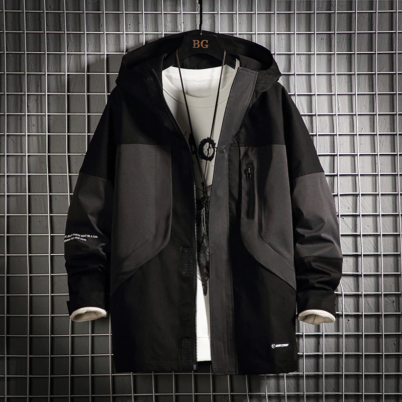 

Men Hooded Jackets Patchwork Harajuku Windbreaker Overcoat Male Casual Outwear Hip Hop Streetwear Coats Men Women