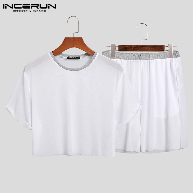 

INCERUN Men Mesh Sets Homewear See Through Patchwork Short Sleeve Crop Tops Pockets Shorts 2 Pieces Cozy Sexy Men Pajamas Suits