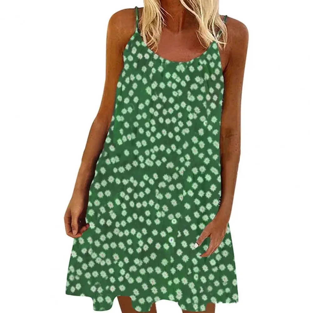 

Casual Women Dress Midi Dress Floral Print Spaghetti Strap Skin-friendly Breathable Sleeveless Large Hem Dress Women robe femme