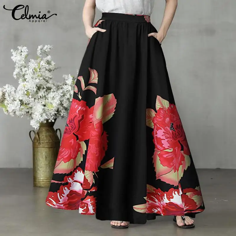 

Celmia Casual Bohemian Maxi Skirts Women 2022 Summer Floral Printed Party Long Skirt Pockets High Waist Pleated Skirt