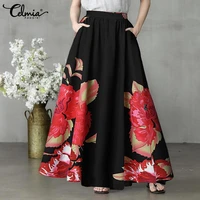 celmia casual bohemian maxi skirts women 2021 summer floral printed party long skirt pockets high waist pleated skirt
