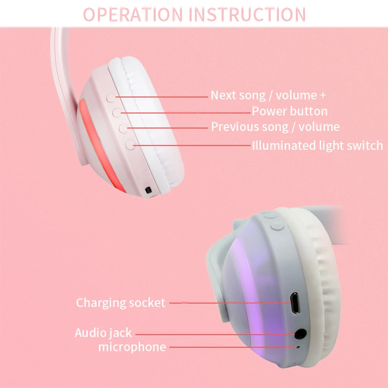 

Glowing Cat Ear Bluetooth Wireless Headphones with Mic Cute Kids LED Stereo Gamer Headsets Phone Gaming Helmet For Children Gift
