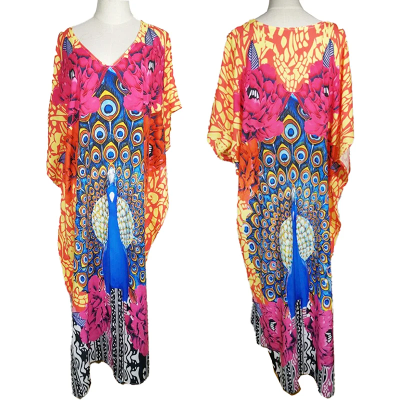 

2021 Quick Dry Print Multi Peacock Bohemian Dress V Neck Long Women Summer Dress Robe Plage Beach Kaftan Tunic for Beach Sarong