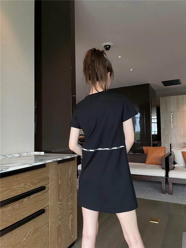 

2021 Summer New Round Neck Slim Short Sleeve Dress Women's High Quality Fashion Letter Line Printed T-shirt Dress Brand Clothes
