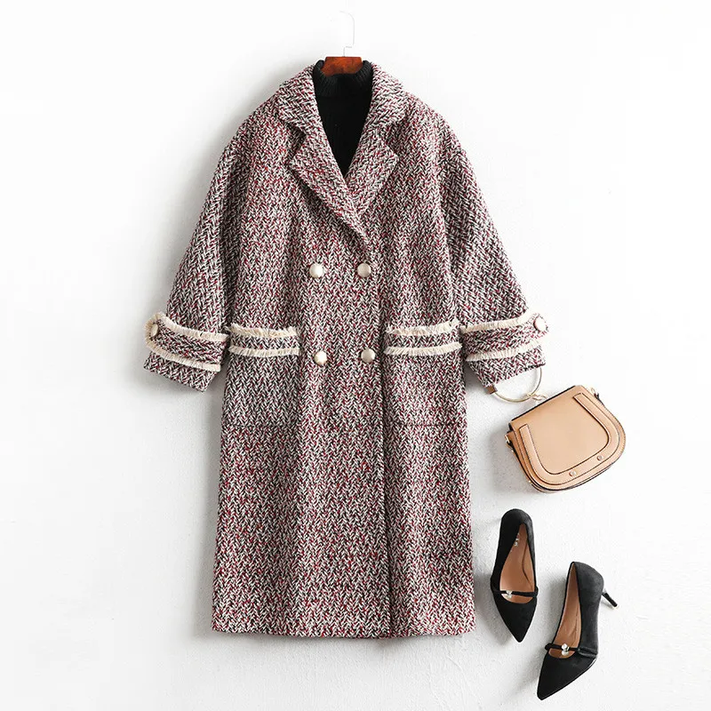 Женское шерстяное пальто свободного кроя двубортное из смешанной шерсти размера