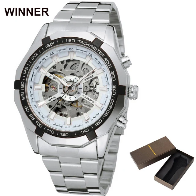 silver white box FORSINING Брендовые мужские автоматические часы роскошные механические часы с скелетом мужские золотые часы из нержавеющей стали Relogios Masculino - Цвет: silver white box