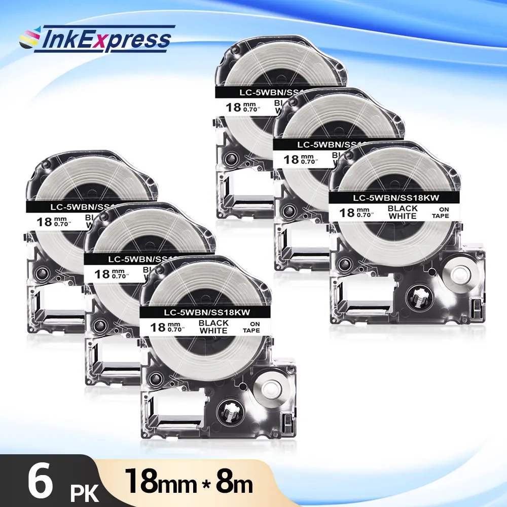 

6Pcs SS18KW Tape for SS18KW LK-5WBN Label Tape 18mm Black on White Label Cartridge for Epson King Jim LW-400 LW-700 Label Maker