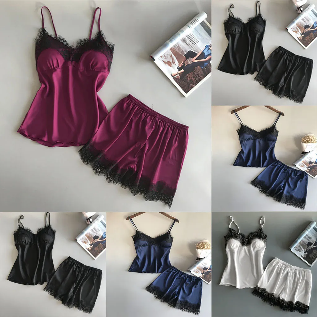

Women Pron Satin Sleepwear Night Suits Silk Home Wear Lace Home Clothing Chest Pads Spaghetti Strap Sleep Lounge Clubwear 2019