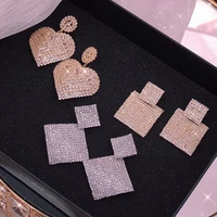 shiny rhinestone heart square pendant drop earrings wedding jewelry for women bling crystal rhombus geometric dangle earrings