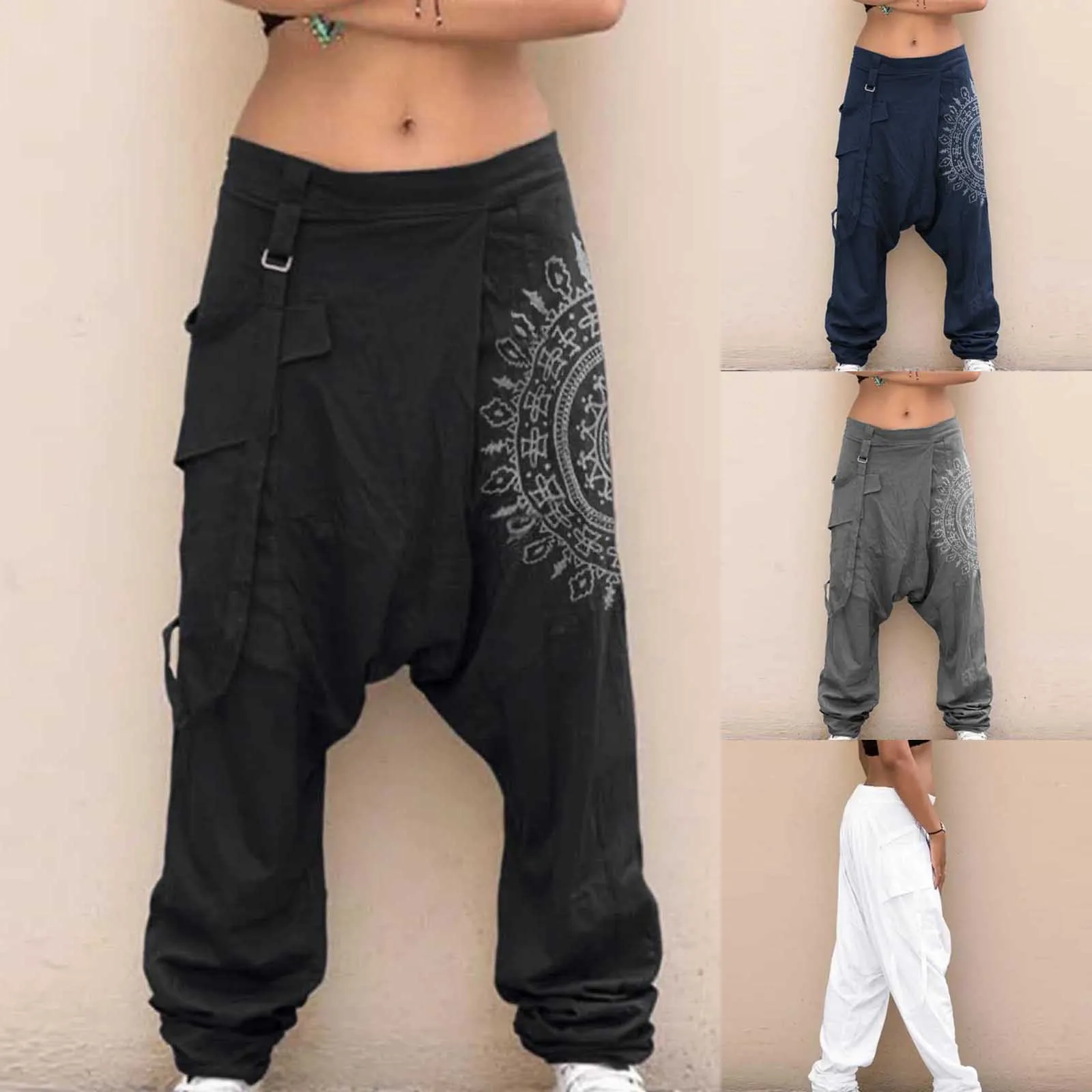 

Для мужчин модный принт размера плюс брюки свободного покроя с карманами; С эластичной резинкой на талии широкие брюки гарем брюки Фитнес т...