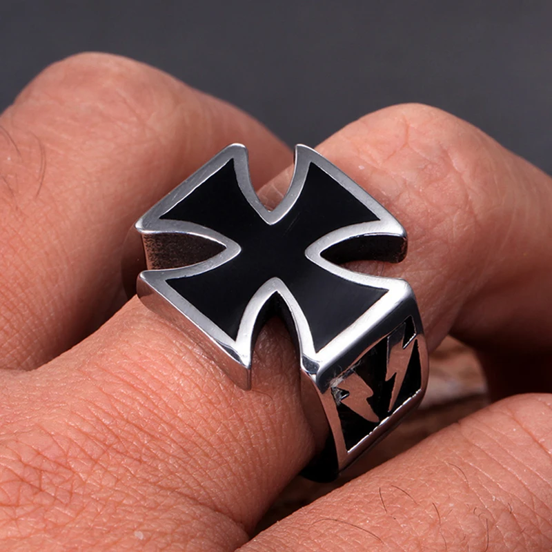 Классический 316L Нержавеющая сталь кольцо с железным крестом мужские черные