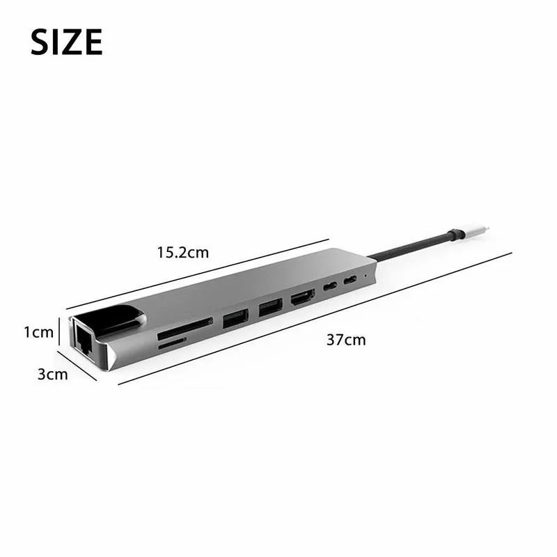 

8 in 1 Multiport USB C Adapter HUB With 4K HDMI-compatible Video USB 3.0 Ethernet Reader SD/TF USB-C 1000Mbps Adapter Card Port