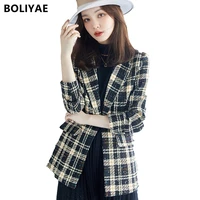 boliyae 2021 autumn and winter suit coat women fashion v neck tweed plaid jacket female casual long sleeve blazer casual tops