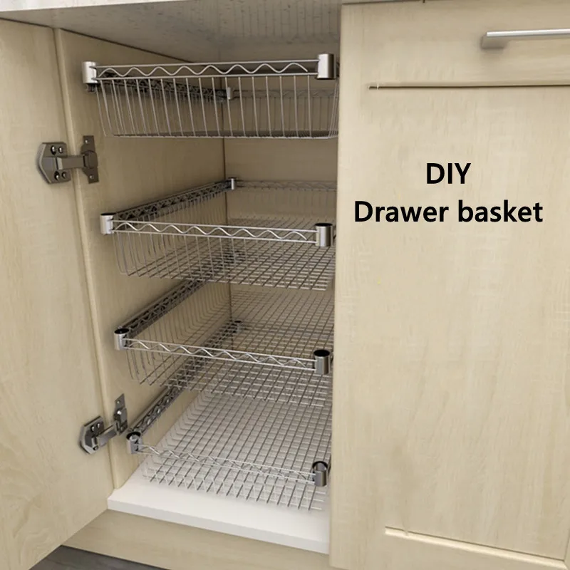 diy cupboard drawer basket kitchen storage shelf organizer sliding cabinet basket pull out metal drawer type mesh basket free global shipping