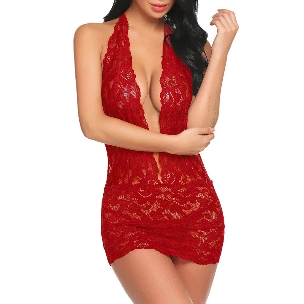 

New Women Sleepwear Solid Lace Hollow Out Teddy Lingerie Sexy Deep V Halter Jumpsuits Pajamas Sets Bodysuit Nightdress Pijama
