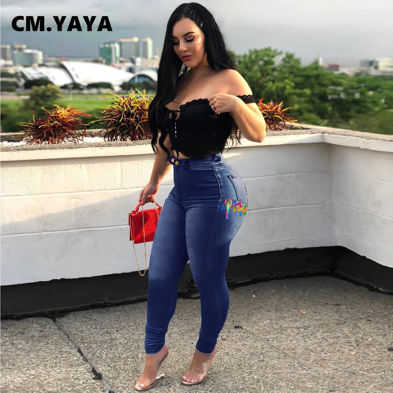 

CM.YAYA Women Jeans High Waist Pocket Criss-cross Lace Up Sheath Elastic Ankle Length Denim Pencil Pants Casual Fashion Trousers