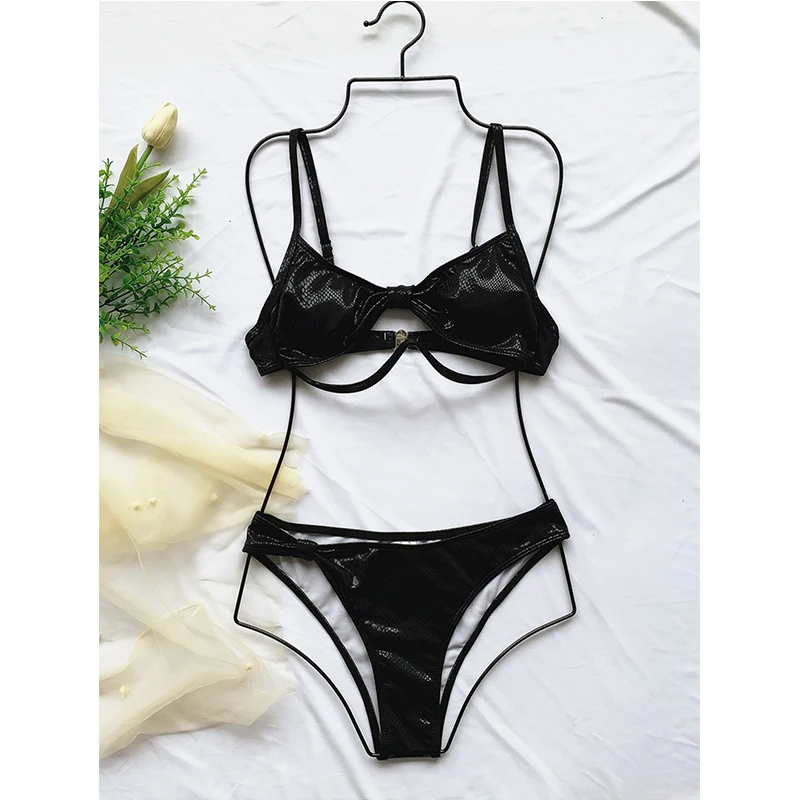 

Fors Sexy micro bikini set 2020 Snake shiny swimsuit female Underwire push up swimwear women Blue knot swim wear High cut bikini
