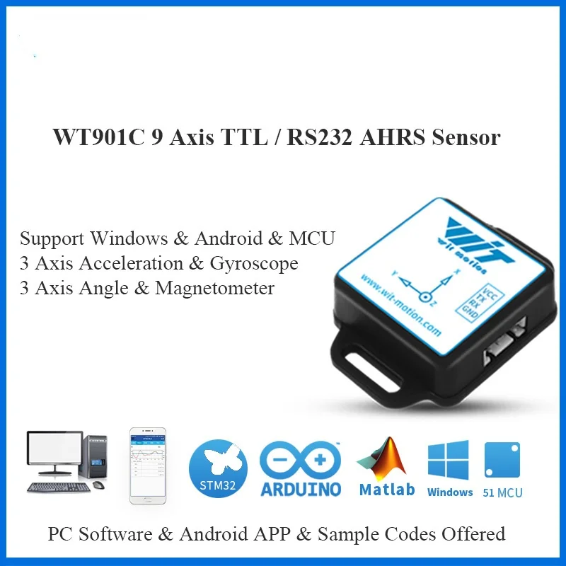 

WT901C 9 Axis IMU Sensor Tilt Angle Roll Pitch Yaw + Acceleration + Gyroscope + Magnetometer MPU9250 on PC/Android/MCU