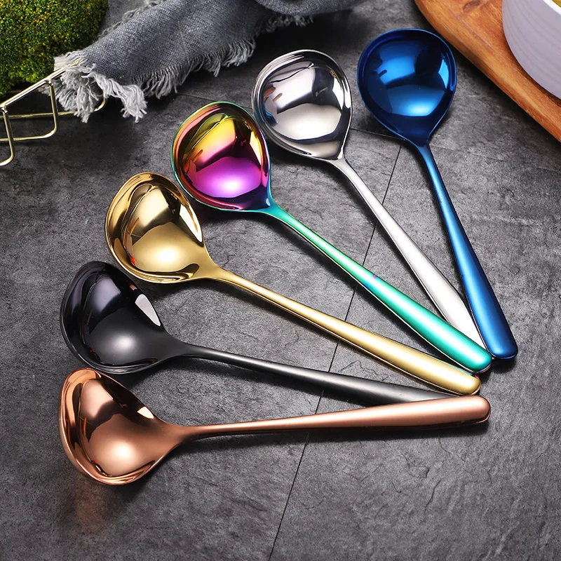

304 Stainless Steel Long Handle Soup Spoon Tableware Round Head Ramen Tablespoons Deepen Thicken Bouillon Ladle Kitchen Utensils