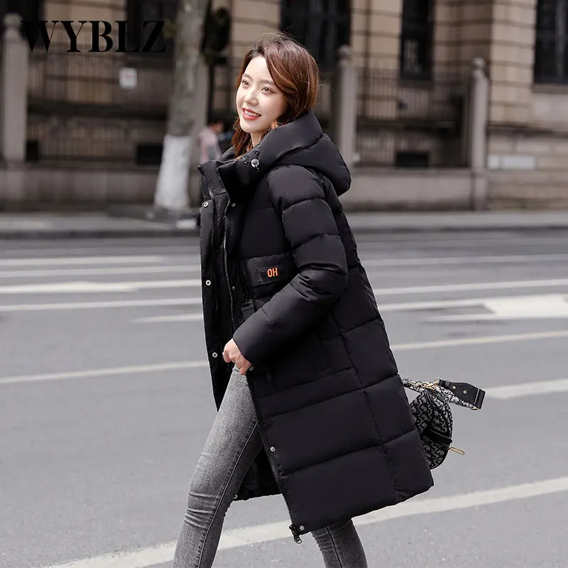 WYBLZ New Winter Parkas Jacket Women Hooded Warm Long Cotton Jackets Female Solid Color Loose Simple Padded Coat for Women 2021
