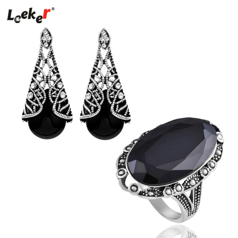 LEEKER в винтажном стиле Цвет черный Акрил большое кольцо и серьги с опалом античное