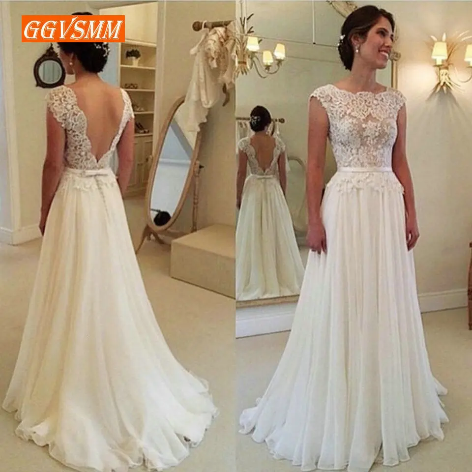 Fashion Boho White Wedding Dresses Long Chiffon A Line Ivory Wedding Gowns Backless Lace Cheap Princess Beach Bridal Dress