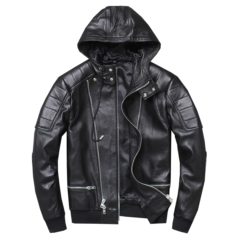 

Men's Genuine Leather Jacket Sheepskin Leather Hooded Baseball Uniform Spring Autumn Short Leather Jacket Large size 5XL